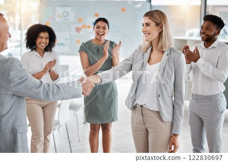 Handshake, partnership and congratulations after hiring new employee or leadership promotion with applause. Welcome, thank you or b2b agreement of corporate staff shaking hands for support and trust Handshake, partnership and congratulations after hiring new employee or leadership promotion with applause. Welcome, thank you or b2b agreement of corporate staff shaking hands for support and trust 122830697