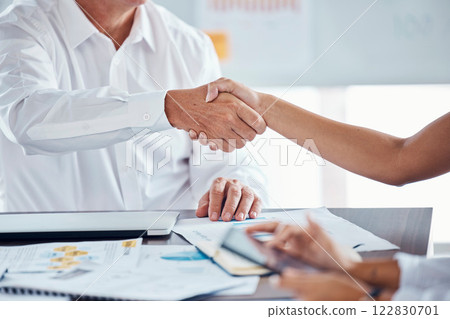 Businessman shaking hands with his partner to make a corporate deal at meeting in the office. Zoom of professional employees b2b welcome with handshake at company conference, workshop or convention 122830701