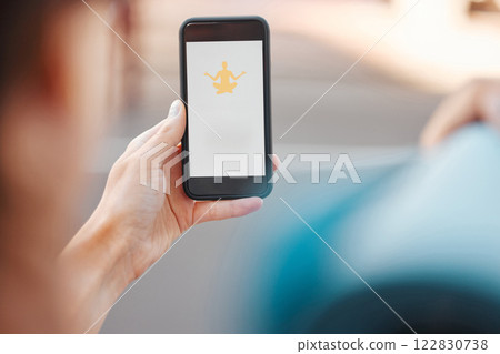 Yoga, meditation and peace phone app of a online wellness, spiritual and health website. 5g internet, technology and mobile screen showing fitness studio logo with a woman ready to start a workout Yoga, meditation and peace phone app of a online wellness, spiritual and health website. 5g internet, technology and mobile screen showing fitness studio logo with a woman ready to start a workout 122830738