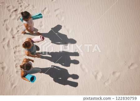 Exercise, yoga and training in nature with women friends exercising at beach from above. Active, athletic group prepare for health lesson on sand mockup, practice balance and cardio or energy workout 122830759