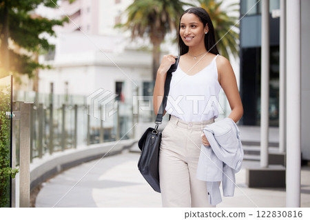 Happy fashion worker travel in city or street to work, job or company office building. Euro business girl or woman smile and relax while walking in town looking at building architecture and design Happy fashion worker travel in city or street to work, job or company office building. Euro business girl or woman smile and relax while walking in town looking at building architecture and design 122830816