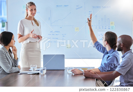 Training, workshop and question with a business woman giving a presentation in a meeting for coaching, learning and data. Collaboration, strategy and teamwork with a female leader and her work team 122830867