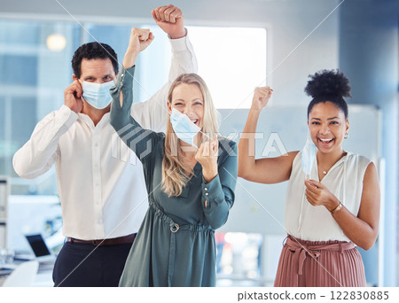 Business people, covid or taking off face mask in teamwork success after lockdown or global pandemic disease. Compliance portrait of happy, cheering or office diversity celebration for man and women 122830885