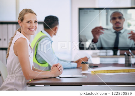 Architect, engineer and woman in virtual video call meeting in office boardroom for remote seminar, workshop and business planning. Portrait of mature, happy and smile manager connect to team webinar 122830889