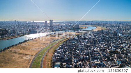 Aerial photo of the Edogawa River in Chiba Prefecture, looking downstream from above Matsudo City, Matsudo City Aerial photo of the Edogawa River in Chiba Prefecture, looking downstream from above Matsudo City, Matsudo City 122830897