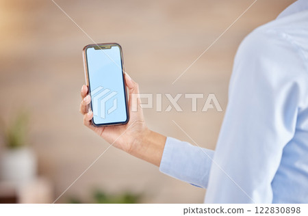 Phone mock up, white screen and contact us website in a hand of a business woman for advertising or digital marketing. 5g wireless internet network promo offer with brand logo or mobile app 122830898