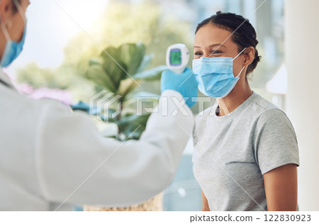 Covid, mask and doctor thermometer test with patient for virus scan check and consultation. Healthcare worker safety monitor protocol for the prevention of serious illness and hospital care. 122830923