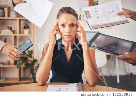 Stress, time management and project management business woman with paperwork, tablet and phone call in hands for office job. Headache, anxiety portrait for KPI of corporate worker in administration 122830955