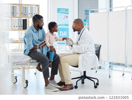 Black doctor, medicine and medical worker consulting with baby, father and child patient for covid, allergies or hospital. Nurse, trust and support African family wellness healthcare for health help Black doctor, medicine and medical worker consulting with baby, father and child patient for covid, allergies or hospital. Nurse, trust and support African family wellness healthcare for health help 122831005