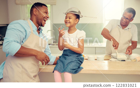 Girl, father and funny and crazy kitchen entertainment with child to bond with parent in home. Silly, cute and happy family relationship with innocent and goofy fun while cooking together. Girl, father and funny and crazy kitchen entertainment with child to bond with parent in home. Silly, cute and happy family relationship with innocent and goofy fun while cooking together. 122831021