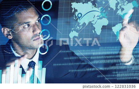 IT businessman with futuristic infographic of global chart, big data analytics or international company finance software screen overlay. Information technology, corporate fintech or world future seo IT businessman with futuristic infographic of global chart, big data analytics or international company finance software screen overlay. Information technology, corporate fintech or world future seo 122831036