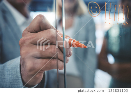 Hands of business man in meeting writing on glass board with pen, happiness with team collaboration and success in corporate partnership in work office. Presentation for creative marketing strategy 122831103