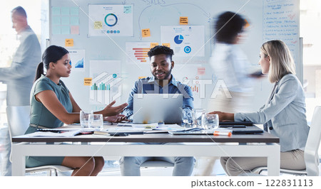 Digital marketing, advertising and business people in a meeting planning a branding strategy for a global company. Diversity, communication and creative employees in a group discussion on sales goals 122831113