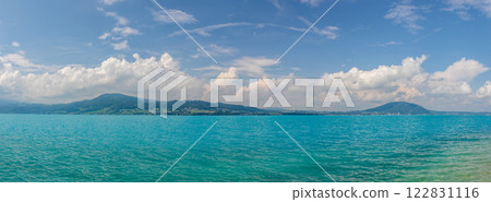landscape with Lake Attersee and mountains, Alps, Austria 122831116