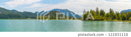 East shore of Lake Wolfgangsee, forests and mountains, hill Burgl near Strobl, Austria 122831118