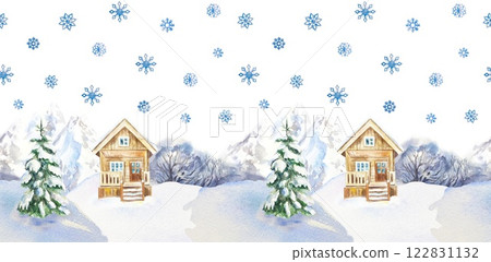 Snowy mountains, trees, country house, spruce, flying snowflakes. Seamless horizontal border. Hand drawn watercolor landscape illustration isolated. Postcards, invitations, ski resort banners, labels. Snowy mountains, trees, country house, spruce, flying snowflakes. Seamless horizontal border. Hand drawn watercolor landscape illustration isolated. Postcards, invitations, ski resort banners, labels. 122831132