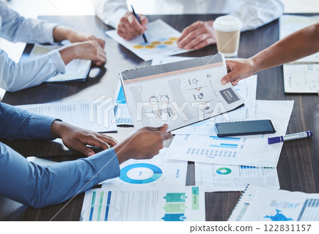 Teamwork hands, paperwork and planning annual report data, research and business budget in office. Company people giving documents in strategy meeting, graphs analytics and financial stats progress 122831157