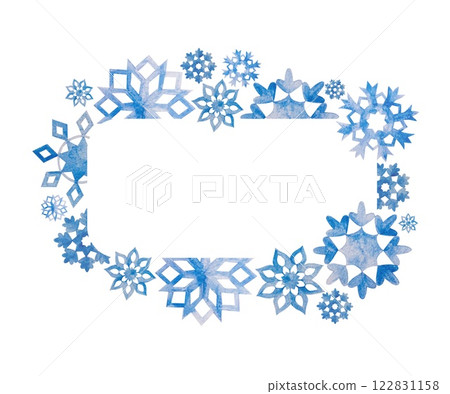 Blue snowflakes template for inserting text. Hand drawn watercolor illustration on white. For greeting cards, invitations, winter Christmas banners, labels. Blue snowflakes template for inserting text. Hand drawn watercolor illustration on white. For greeting cards, invitations, winter Christmas banners, labels. 122831158