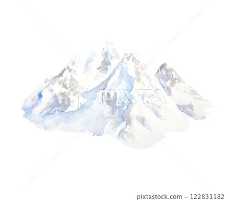 High snowy mountains, ski resort. Hand drawn watercolor landscape illustration isolated on white. For cards, invitations, winter Christmas banners, eco water labels. 122831182