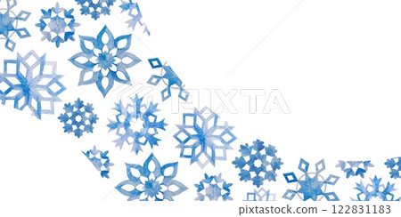 Blue snowflakes beautiful ornament, template. Hand drawn watercolor illustration on white. For greeting cards, invitations, envelopes, winter Christmas banners, labels. 122831183