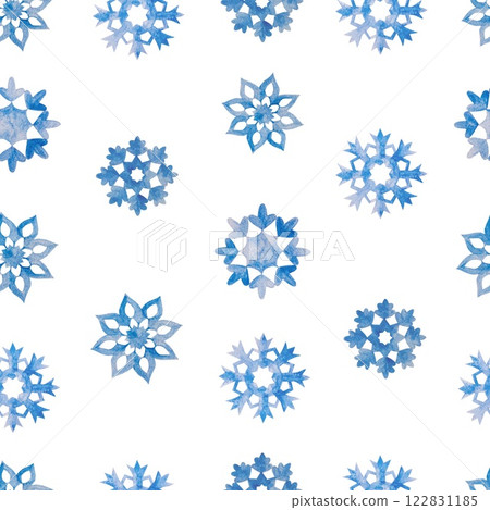 Blue snowflakes seamless pattern, rapport. Hand drawn watercolor illustration isolated on white. For cards, wrapping paper, fabric, textile, wallpaper, covers, invitations, winter Christmas banners. 122831185