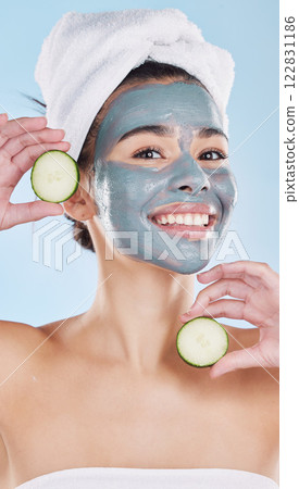 Skincare woman, facial mask and cucumber beauty cosmetics after fresh shower, bathroom grooming routine and cool bodycare. Portrait feminine face, clean pore complexion and healthy pamper treatment 122831186