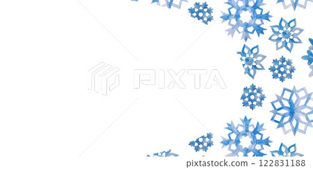 Blue snowflakes beautiful ornament horizontal, template. Hand drawn watercolor illustration on white. For greeting cards, invitations, envelopes, winter Christmas banners, labels. 122831188