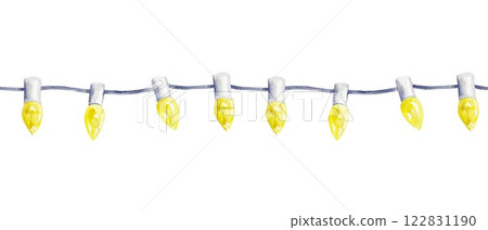 Garland of yellow bulbs, seamless horizontal border. Hand drawn watercolor illustration isolated on white. For cards, invitations, banners, labels, posters. 122831190