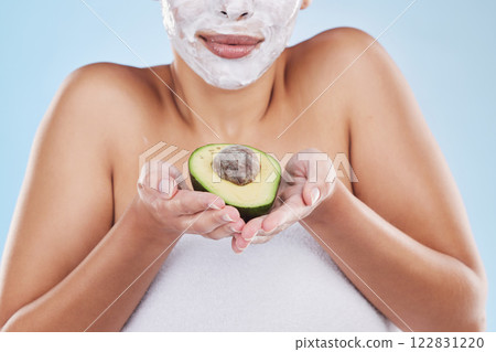 Hands, avocado and skincare face mask of a woman in beauty and cosmetic facial on a blue studio background. Female in health, skin and body care holding green fruit for nutrition, food or diet Hands, avocado and skincare face mask of a woman in beauty and cosmetic facial on a blue studio background. Female in health, skin and body care holding green fruit for nutrition, food or diet 122831220