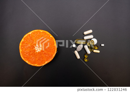 pills and capsules on black background and a half of orange pills and capsules on black background and a half of orange 122831246