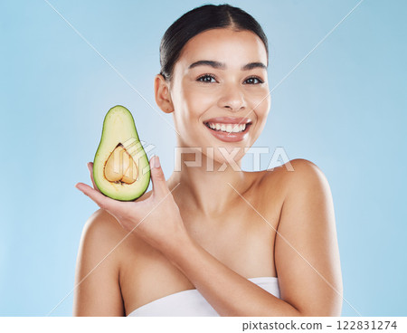 Skincare, health and avocado with a woman portrait on studio blue background and mockup. Young model with healthy fruit nutrition for face, skin care ingredients and clean, perfect or natural results Skincare, health and avocado with a woman portrait on studio blue background and mockup. Young model with healthy fruit nutrition for face, skin care ingredients and clean, perfect or natural results 122831274