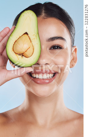 Avocado, wellness and skincare woman portrait on blue studio background and mockup. Young model with natural organic nutrition diet for face and healthcare with green, clean and healthy lifestyle 122831276