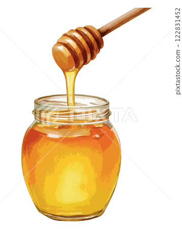 Honey and honey dipper watercolor illustration AI generation 122831452