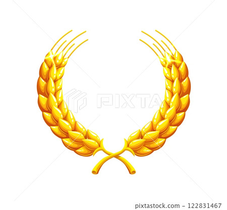 Golden laurel wreath badge, game asset. Isolated vector awards icon, symbol of victory, achievement, honor or prestige. Gold prize, trophy or reward in gaming app, ripe wheat ears or laurel emblem 122831467