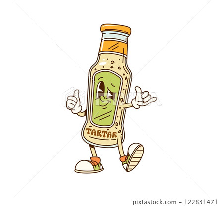 Cartoon groovy tartar sauce character with funny face, vector comic emoji. Groovy tartar sauce glass bottle in retro cartoon with funky happy smile and thumb up gesture in hipster shoes for food sauce 122831471