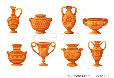 Cartoon ancient ceramic vases, pots and jars, vector pottery vessels. Antique roman or greek ceramic vases, wine amphoras and jugs. Cartoon clay bowls, pots and jars with ancient geometric patterns 122831472