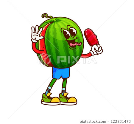 Groovy cartoon watermelon cheerful character eating ice cream. Summer watermelon isolated vector 60s 70s funky personage, fresh and juicy fruit dessert cute character or mascot licking sweet popsicle 122831473