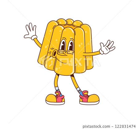 Cartoon groovy pudding pastry dessert character. Vector funny yellow jelly sweet retro personage posing with hippie sneakers and funky vibe. Isolated fruit pastry. Cute tasty food with smiling face 122831474