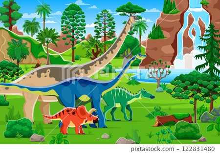 Prehistoric era landscape with dinosaurs. Jurassic era nature scene, prehistoric flora and fauna vector background with cute cartoon dinosaurs on landscape with trees, green hills and river waterfall Prehistoric era landscape with dinosaurs. Jurassic era nature scene, prehistoric flora and fauna vector background with cute cartoon dinosaurs on landscape with trees, green hills and river waterfall 122831480