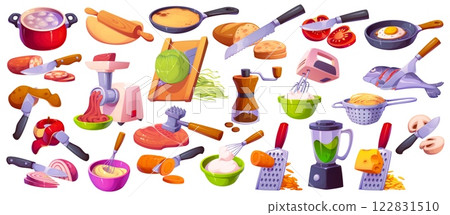 Cook food or cooking process and preparation tools, vector cartoon icons. Food processing utensils and cooking kitchenware icons of grater and meat grinder or mincer with blender, knife and colander Cook food or cooking process and preparation tools, vector cartoon icons. Food processing utensils and cooking kitchenware icons of grater and meat grinder or mincer with blender, knife and colander 122831510