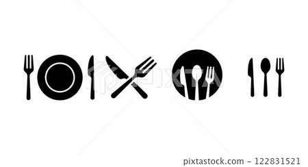 Fork, spoon, knife and plate. Menu symbol. Tableware instruments. Restaurant icon. Food, plate, fork, knife, spoon, cutlery icon set. 122831521