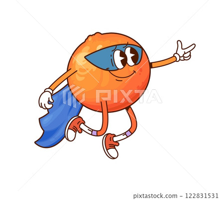 Cartoon groovy orange fruit superhero character. Vector funny citrus y2k personage flying in cape, sneakers and mask with raised arm. Fairytale healthy food, smiling tropical plant retro defender Cartoon groovy orange fruit superhero character. Vector funny citrus y2k personage flying in cape, sneakers and mask with raised arm. Fairytale healthy food, smiling tropical plant retro defender 122831531