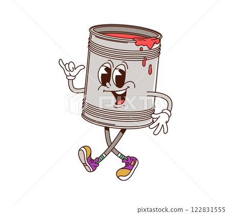 Groovy paint bucket character, cartoon DIY or work tool with funny face, vector emoji. Groovy paint bucket with happy funky smile walking in hipster shoes as building or repair retro cartoon character 122831555
