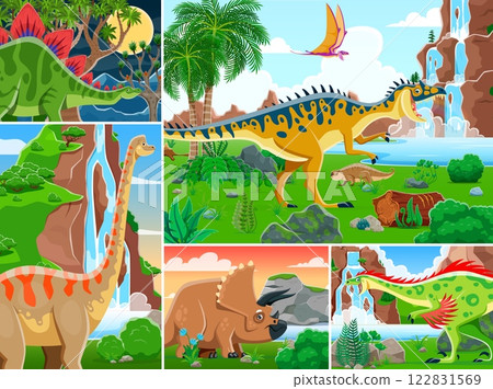 Prehistoric dinosaur characters collage of cartoon Jurassic lizards in jungles, vector background. Funny dino collage for kids prehistoric dinosaurs atlas or encyclopedia and paleontology book cover 122831569
