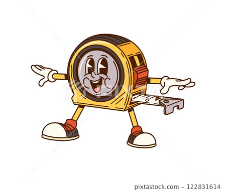 Groovy tape measure cartoon character for repair, construction and DIY tool, vector funny face. Groovy measuring tape with happy smile on silly face for carpentry and DIY cartoon work tool character 122831614