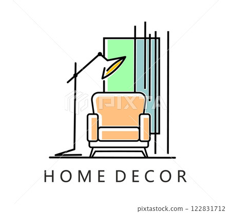 Home interior design studio icon for apartments decor and furniture staging, vector emblem. Home interior icon in retro thin line art with chair, lamp and furniture for comfort living or house decor 122831712