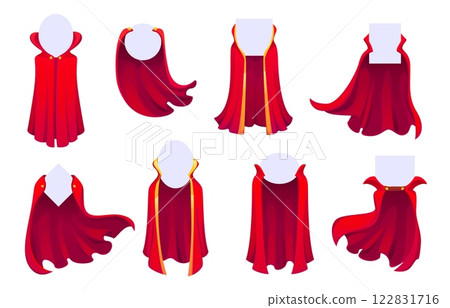 Red superhero capes, cartoon super hero cloak with empty banners or badges. Vector crimson defender drapery billow behind with geometric frame shapes, embodying power or mystery, courage and adventure Red superhero capes, cartoon super hero cloak with empty banners or badges. Vector crimson defender drapery billow behind with geometric frame shapes, embodying power or mystery, courage and adventure 122831716