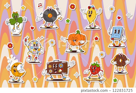 Cartoon groovy characters stickers pack. Retro hippie disco ball, vinyl record and moon vector characters with stars and flowers. Groovy strawberry, Halloween pumpkin and St Patricks clover leaf Cartoon groovy characters stickers pack. Retro hippie disco ball, vinyl record and moon vector characters with stars and flowers. Groovy strawberry, Halloween pumpkin and St Patricks clover leaf 122831725