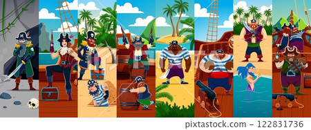 Cartoon pirate and corsair characters collage with vector captain, sailor and mermaid on ship and treasure island. Cute men and women characters with pirate costumes, hats, swords, hooks and wood leg 122831736