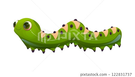 Cartoon funny caterpillar insect character with vibrant green color, expressive eyes, segmented body and playful smile. Isolated vector crawling larva or worm garden pest personage for children book 122831737